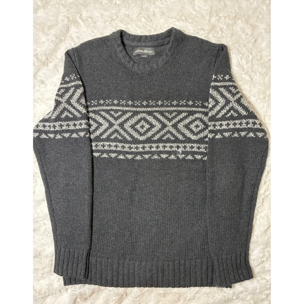 Eddie Bauer Mens Gray Fair Isle Merino Wool Blend Crewneck Sweater Size M - Picture 1 of 10